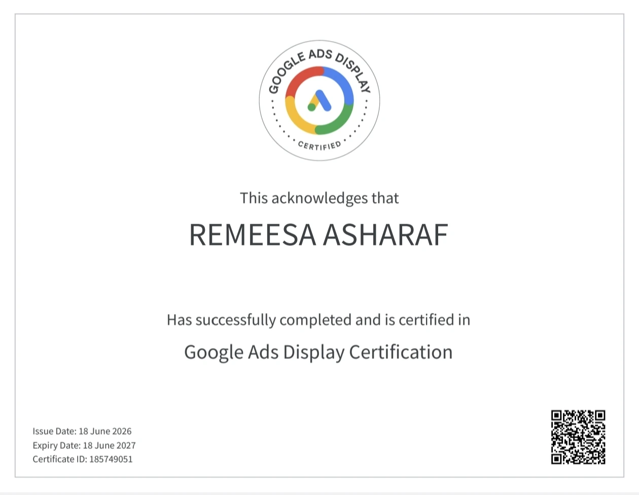 google ads display certificate